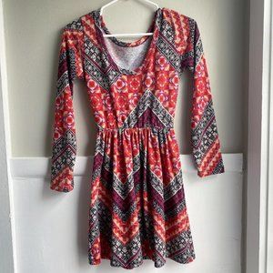 Everly orange long sleeve aztec boho skater dress sz s